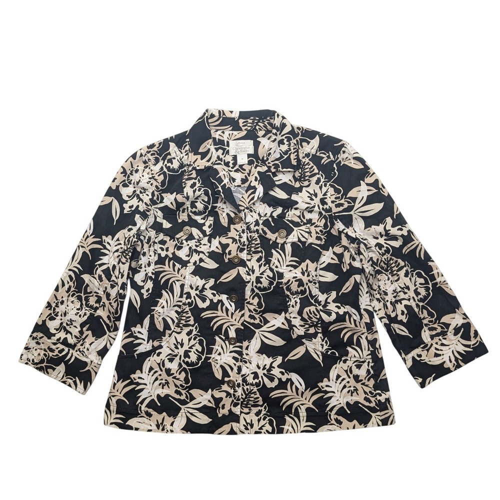 Y2K Christopher & Banks Jacket Womens M Black Tan Tropical Floral Stretch Button
